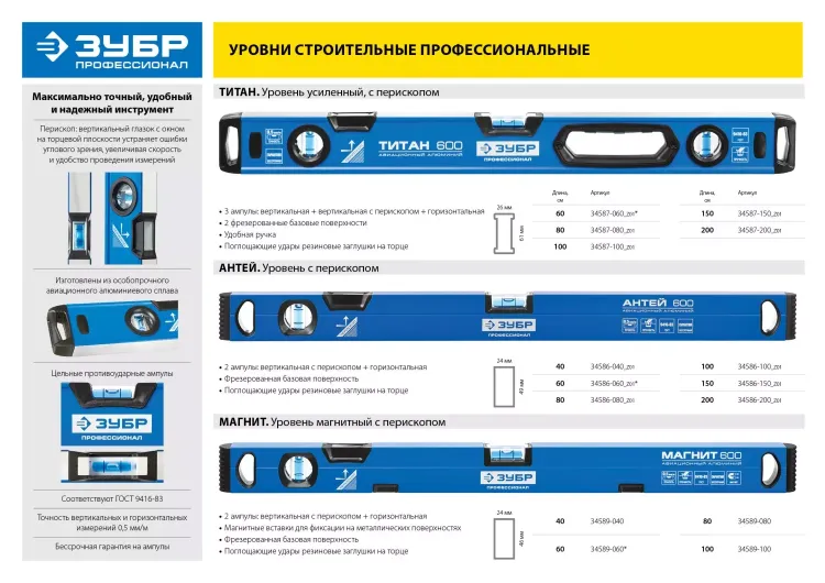 Уровень ЗУБР "ПРОФЕССИОНАЛ" "МАГНИТ" с перископом, фрезерован поверхность, 2 цельные противоудар ампулы, магнитный, 800мм 34589-080 купить в Магнитогорске