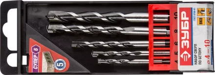 Набор ЗУБР Свёрла &quot;СУПЕР-6&quot; по бетону, ударные, с шестигранным хвостовиком, 4; 5; 6; 8; 10мм, 5шт 2916-H5 купить в Магнитогорске