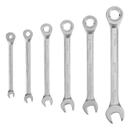 Набор ключей комбинированных трещоточных 6-17 мм, 6 шт., CrV, матовый хром// Denzel 14720 купить в Магнитогорске