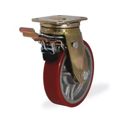 Колесо большегрузное поворотное KAMA 250 мм чугунное/полиуретан с тормозом 1026482 купить в Магнитогорске