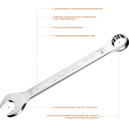 Ключ комбинированный KRAFTOOL, Cr-V, DIN 3113 27079-30 купить в Магнитогорске