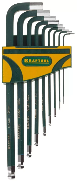 Набор ключей имбусовых KRAFTOOL "INDUSTRIE" длинные,шарик,Cr-Mo сталь(S2),хром покрыт с противоск напыл,HEX1,5-10мм,9шт 27445-H9 купить в Магнитогорске