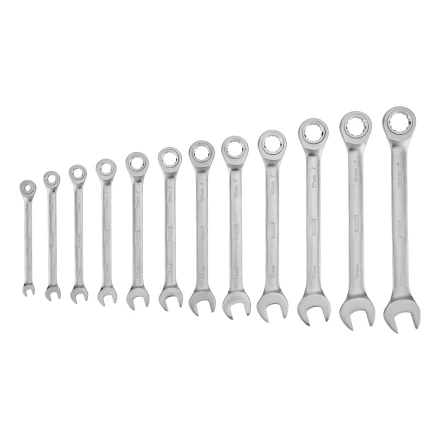 Набор ключей комбинированных трещоточных 6-19 мм, 12 шт., CrV, матовый хром// Denzel 14722 купить в Магнитогорске