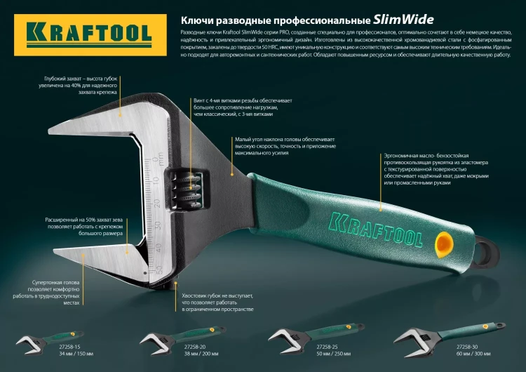 Ключ разводной SlimWide, 200 / 38 мм, KRAFTOOL 27258-20 купить в Магнитогорске