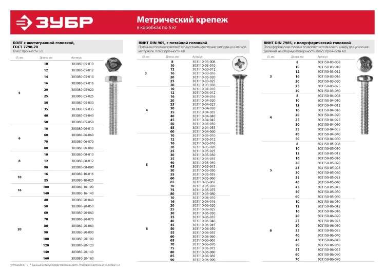 Болт ЗУБР "МАСТЕР" с шестигранной головкой, ГОСТ 7798-70, класс прочности 5.8, оцинкованный, M5x30мм, 5кг 303080-05-030 купить в Магнитогорске