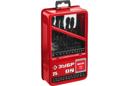 ЗУБР 25 шт, (1-13 мм), сталь Р4М2, класс В, мет.бокс, набор сверл по металлу (29605-H25) купить в Магнитогорске