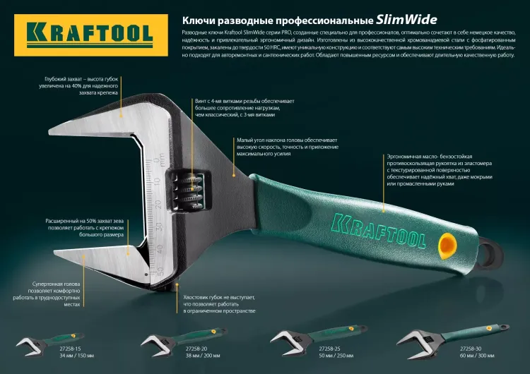Ключ разводной SlimWide, 250 / 50 мм, KRAFTOOL 27258-25 купить в Магнитогорске
