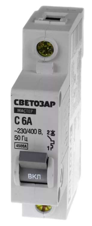 Выключатель СВЕТОЗАР автоматический, 1-полюсный, "С" (тип расцепления), 6 A, 230 / 400 В 49060-06-C купить в Магнитогорске