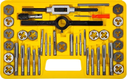 Набор метчиков и плашек STAYER &quot;MASTER&quot;, плашки 17шт, метчики 17шт, метчикодерж. 2шт, плашкодерж. 1шт, резьбомер 1шт, отвертка 1шт, 40 предметов 2805-H40_z01 купить в Магнитогорске