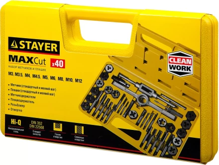 Набор метчиков и плашек STAYER &quot;MASTER&quot;, плашки 17шт, метчики 17шт, метчикодерж. 2шт, плашкодерж. 1шт, резьбомер 1шт, отвертка 1шт, 40 предметов 2805-H40_z01 купить в Магнитогорске