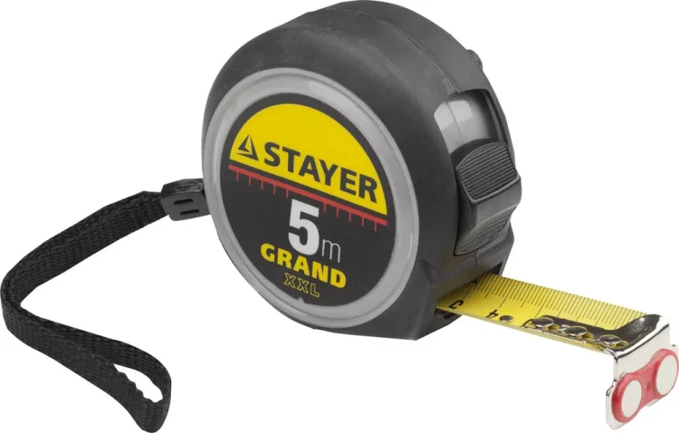 Рулетка STAYER GRAND, корпус с противоскользящим напылением, упрочненное полотно, 5м/25мм 552027 купить в Магнитогорске