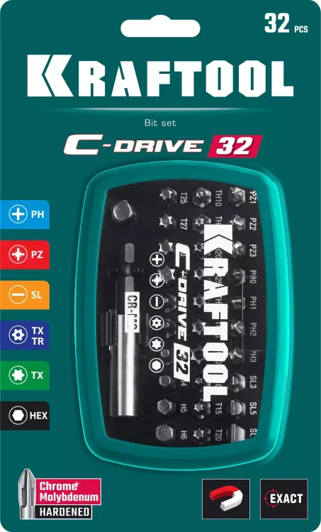 Набор бит и адаптеров KRAFTOOL C-Drive многофункциональный, Cr-Mo сталь, в ударопрочном компактном боксе. Цветная маркировка типов шлицов 26067-H32 купить в Магнитогорске