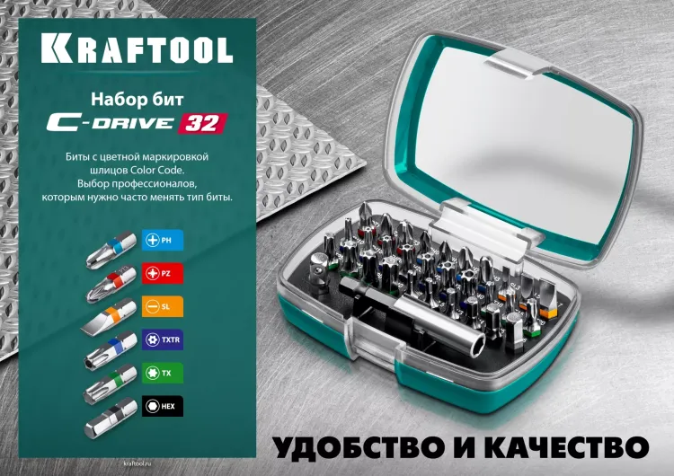 Набор бит и адаптеров KRAFTOOL C-Drive многофункциональный, Cr-Mo сталь, в ударопрочном компактном боксе. Цветная маркировка типов шлицов 26067-H32 купить в Магнитогорске