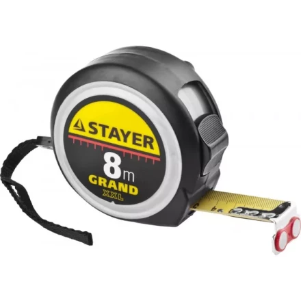 Рулетка STAYER GRAND, корпус с противоскользящим напылением, упрочненное полотно, 8м/25мм 552119 купить в Магнитогорске