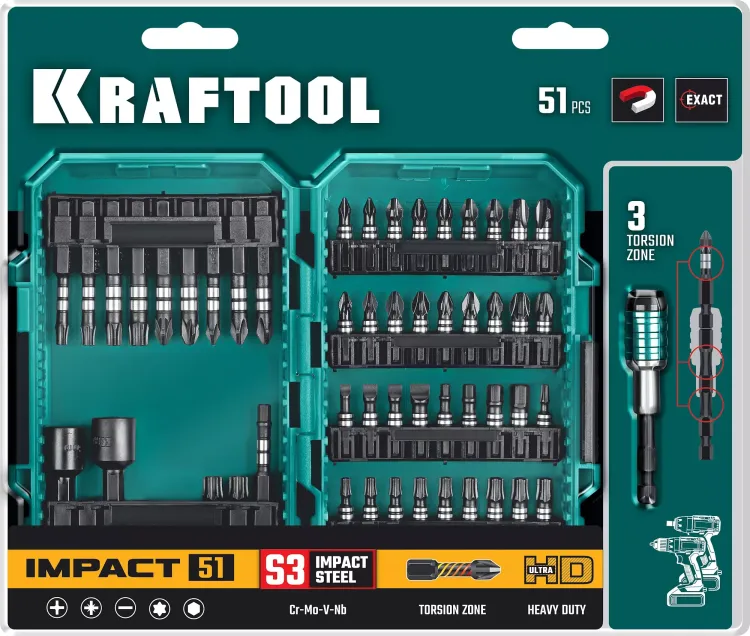 Набор ударных торсионных бит KRAFTOOL Impact, Cr-Mo-V-Nb сталь 26066-H51 купить в Магнитогорске