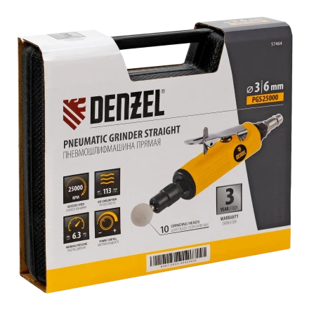Пневмошлифмашина прямая Denzel 57464 PGS25000, 25000 об/мин, 10 шлиф. камней, цанга - 3, 6 мм, 113 л/мин купить в Магнитогорске