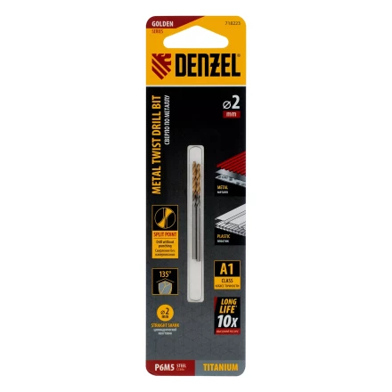 Сверло спиральное по металлу Denzel 2 x 49 мм, Р6М5, Golden Tip , 2шт., 718223 купить в Магнитогорске