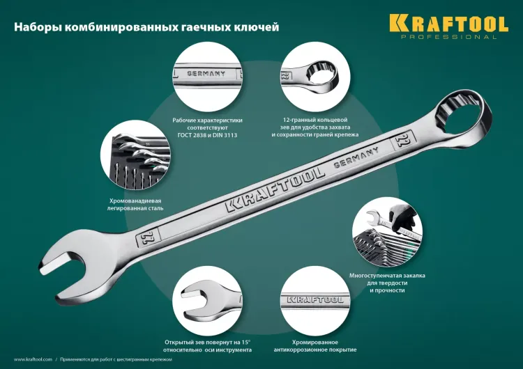 Наборы ключей комбинированных KRAFTOOL, Cr-V, DIN 3110, в EVA-ложементе 27079-H18E купить в Магнитогорске