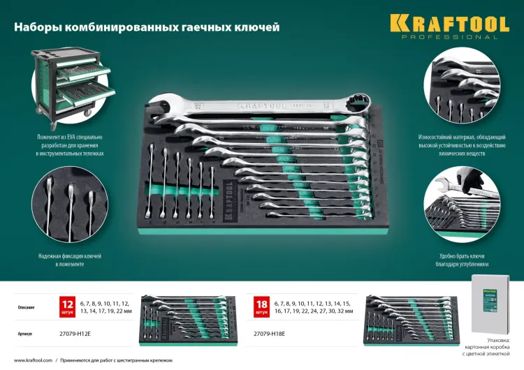 Наборы ключей комбинированных KRAFTOOL, Cr-V, DIN 3110, в EVA-ложементе 27079-H18E купить в Магнитогорске
