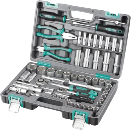 Набор инструментов 1/2 и 1/4  CrV пластиковый кейс  69 предметов STELS 14108 купить в Магнитогорске