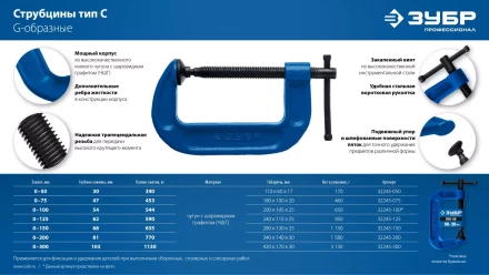 ЗУБР ПCС-50, 50 мм, чугунная струбцина тип С (G-образная), Профессионал (32245-050) купить в Магнитогорске
