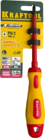 Отвертка KRAFTOOL, высоковольтная, Cr-Mo-V стержень, двухкомпонент. маслобензостойкая рукоятка, PH №2, 100мм 250084-2-100 купить в Магнитогорске