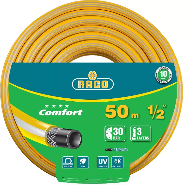 Шланг RACO "COMFORT" поливочный, 30атм., армированный, 3-х слойный, 1/2"х50м 40303-1/2-50 купить в Магнитогорске