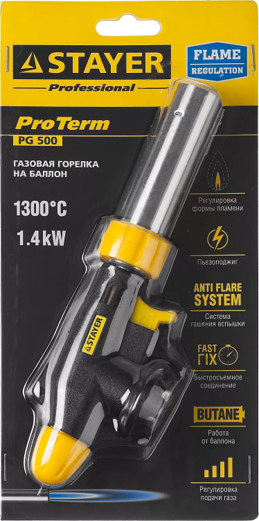 Газовая горелка "ProTerm" на баллон, STAYER "PROFESSIONAL" 55580, с пьезоподжигом, регулировка пламени, цанговое соединение, 1300С 55580 купить в Магнитогорске