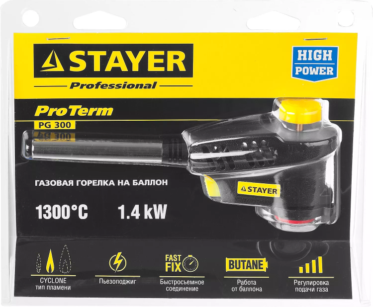 Газовая горелка "ProTerm" на баллон, STAYER "PROFESSIONAL" 55582, с пьезоподжигом, регулировка пламени, вихревое пламя, цанговое соединение, 1300С 55582 купить в Магнитогорске
