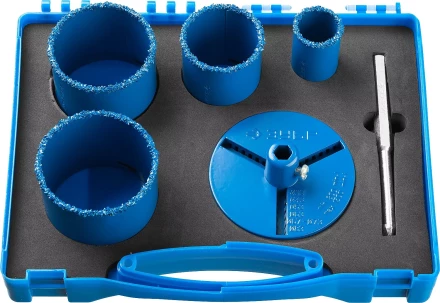 Набор кольцевых коронок ЗУБР &quot;ПРОФЕССИОНАЛ&quot; c карбид-вольфрамовым нанесением, 6 предм. в кейсе: коронки O 33, 53, 67, 73 мм, основание, сверло 33350-H6_z01 купить в Магнитогорске