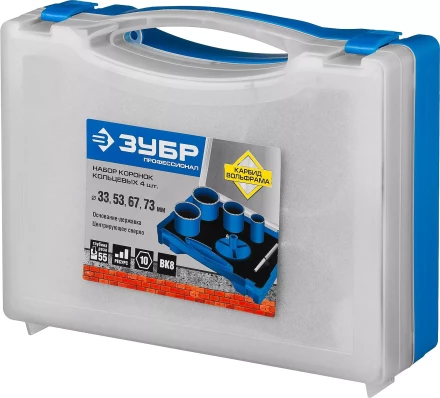 Набор кольцевых коронок ЗУБР &quot;ПРОФЕССИОНАЛ&quot; c карбид-вольфрамовым нанесением, 6 предм. в кейсе: коронки O 33, 53, 67, 73 мм, основание, сверло 33350-H6_z01 купить в Магнитогорске