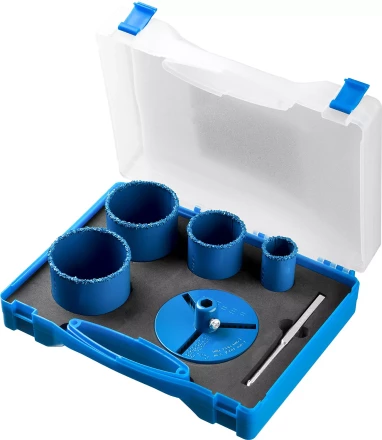 Набор кольцевых коронок ЗУБР &quot;ПРОФЕССИОНАЛ&quot; c карбид-вольфрамовым нанесением, 6 предм. в кейсе: коронки O 33, 53, 67, 73 мм, основание, сверло 33350-H6_z01 купить в Магнитогорске