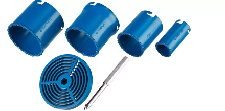 Набор кольцевых коронок ЗУБР &quot;ПРОФЕССИОНАЛ&quot; c карбид-вольфрамовым нанесением, 6 предм. в кейсе: коронки O 33, 53, 67, 73 мм, основание, сверло 33350-H6_z01 купить в Магнитогорске