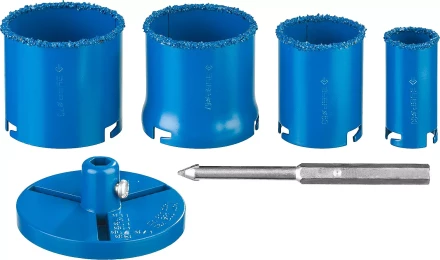 Набор кольцевых коронок ЗУБР &quot;ПРОФЕССИОНАЛ&quot; c карбид-вольфрамовым нанесением, 6 предм. в кейсе: коронки O 33, 53, 67, 73 мм, основание, сверло 33350-H6_z01 купить в Магнитогорске