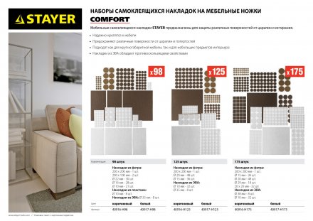 Набор STAYER &quot;COMFORT&quot;: Накладки самоклеящиеся на мебельные ножки, 125 шт, коричневые 40916-H125 купить в Магнитогорске