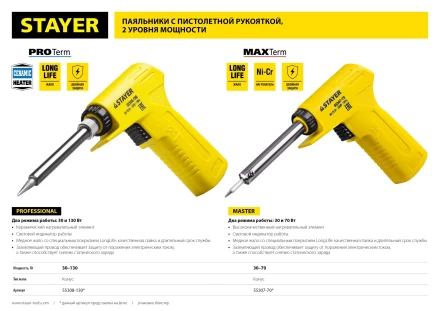 Паяльник с пистолетной пластмассовой рукояткой, STAYER &quot;MASTER&quot; MAXTerm, 55307-70, 30 - 70 Вт, конус 55307-70 купить в Магнитогорске