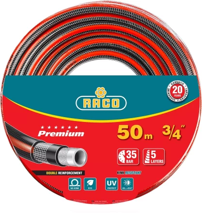 Шланг RACO &quot;PREMIUM&quot; поливочный, 40атм., армированный, 3-х слойный, 3/4&quot;х50м 40300-3/4-50 купить в Магнитогорске