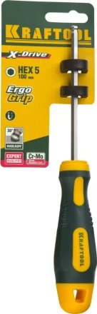 Отвертка KRAFTOOL, Cr-Mo-V сталь, двухкомпонентная противоскользящая рукоятка, HEX, №5x100мм 250075-5-100 купить в Магнитогорске