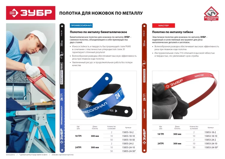 Полотно ЗУБР "МАСТЕР" по металлу 24 TPI  (шаг 1.0мм), Универсальное, 2шт 15853-24-2 купить в Магнитогорске