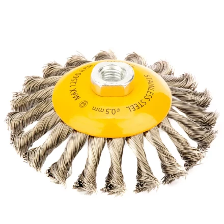 Щетка для УШМ 125 мм Тарелка крученая нержавеющая проволока 0.5 мм М14 Denzel 746113 купить в Магнитогорске