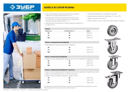 ЗУБР d 50 мм, г/п 35 кг, резина/полипропилен, поворотное колесо (30956-50-S) купить в Магнитогорске