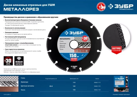 ЗУБР МЕТАЛЛОРЕЗ 115 мм, вакуумное спекание, алмазный диск по металлу, Профессионал (36662-115) купить в Магнитогорске