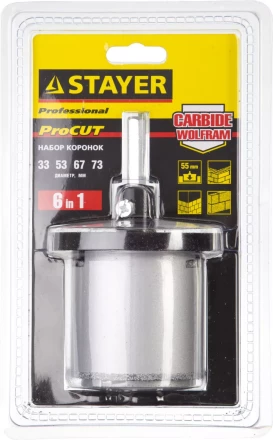 Набор STAYER &quot;PROFESSIONAL&quot;: Коронки с основанием и центровочным сверлом, d=33, 53, 67, 73мм, 6предм 33345-H6 купить в Магнитогорске