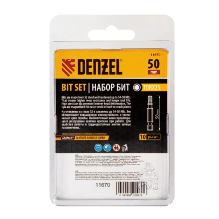 Бита TX 25х50, сталь S2, шестигранный профиль, 10 шт. Е 6,3 Denzel 11670 купить в Магнитогорске