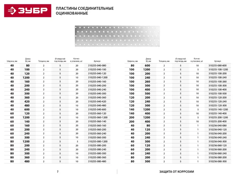 Пластина соединительная ЗУБР "МАСТЕР", 80х300мм, 10шт 310255-080-300 купить в Магнитогорске