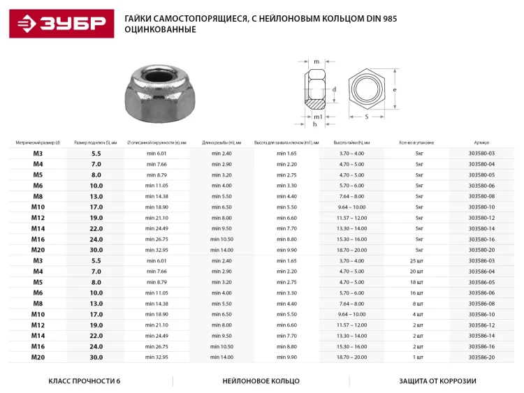 Гайка ЗУБР "МАСТЕР" DIN 985 самостопорящаяся, с нейлоновым кольцом, класс прочности 8, оцинкованная, M16, 5кг 303580-16 купить в Магнитогорске