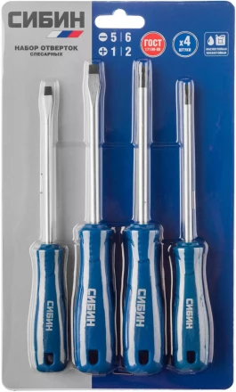 Набор: Отвертки СИБИН 25084 с закаленным стержнем, маслобензостойкая рукоятка, в блистере, 4 предмета 25084 купить в Магнитогорске
