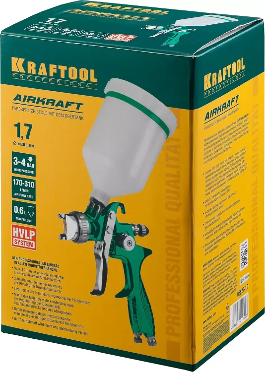 Краскопульт пневматический KRAFTOOL AirKraft, HVLP, с верхним бачком, 1,7мм 06522-1.7 купить в Магнитогорске