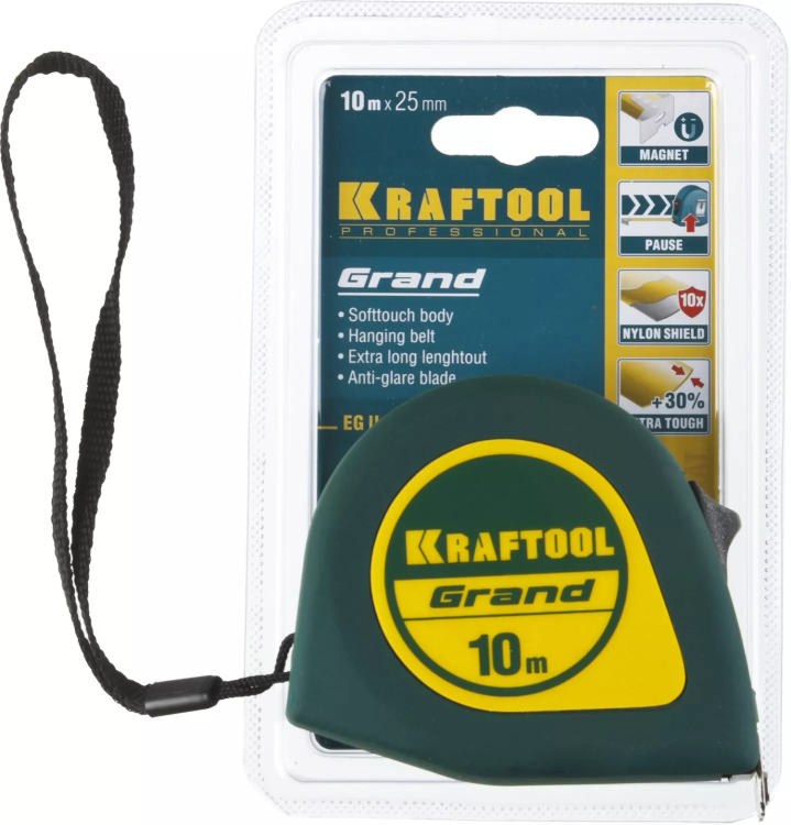 Рулетка KRAFTOOL GRAND, обрезиненный пластиковый корпус, 10м/25мм 34022-10-25 купить в Магнитогорске