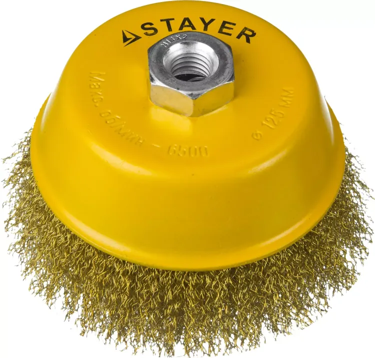 STAYER "PROFESSIONAL". Щетка чашечная для УШМ, витая стальная латунированная проволока 0,3мм, 125ммхМ14 35125-125 купить в Магнитогорске